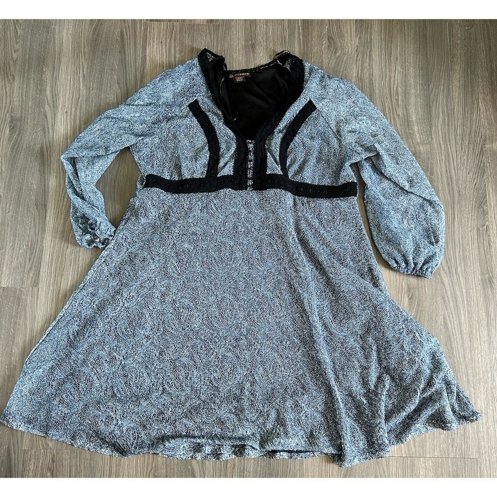 Love & Legend Women's 2X blue Long Sleeve Black Lace trim Dress Short